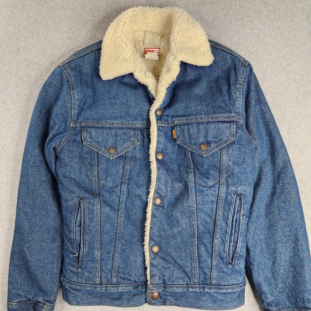 Vintage Levi's Denim Jacket Mens 34 Sherpa Lined Orange Tab 70608-0213 USA 80s
